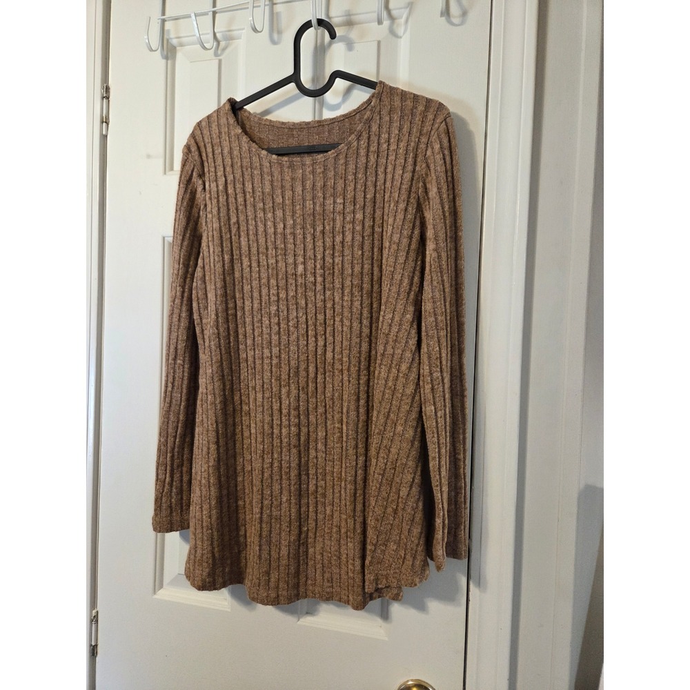 Brown Ribbed Knit Long Sleeve Tunic Sweater with Side Slits Crew Neck Large